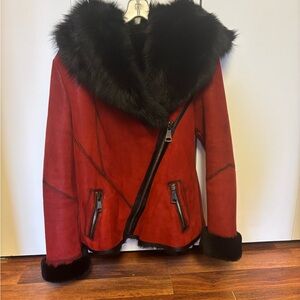 Women's Red Jacket with Black Fur Trim